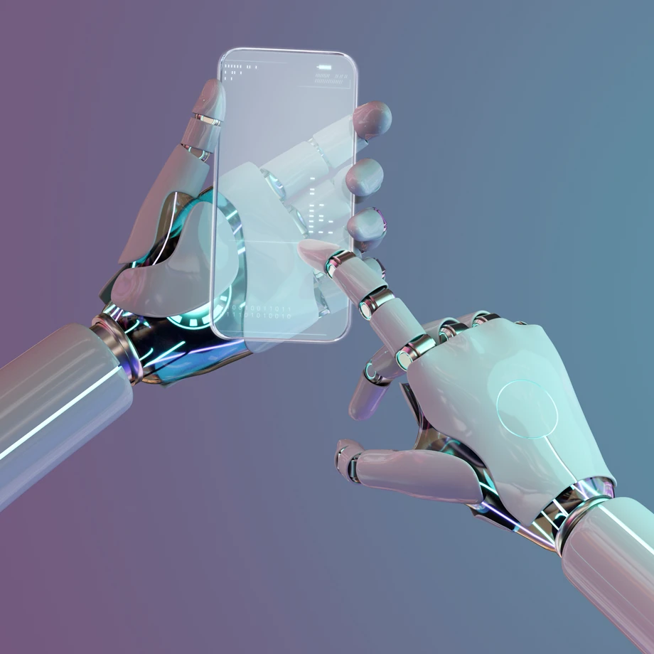 manos robóticas manipulando smartphone transparente